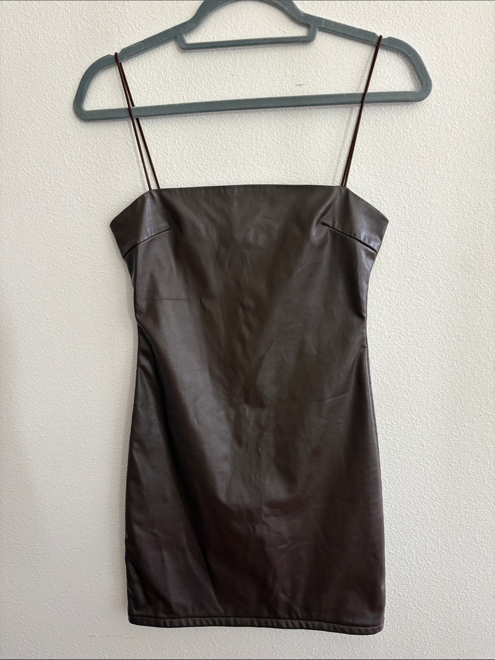 Chocolate Brown Faux Leather Mini Slip Dress with Spaghetti Straps